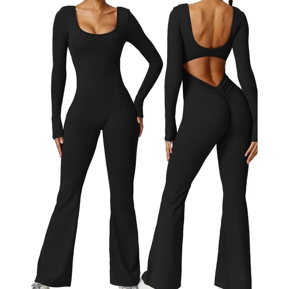 Vertvie Women Flare Jumpsuits Long Sleeve Sexy Backless Padded Bodycon Size M